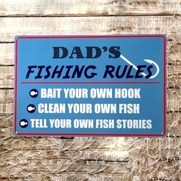 Metal Sign Dad’s Fishing Rules Wall Plaque Retro Vintage Style Coastal Nnautical - Picture 9 of 14